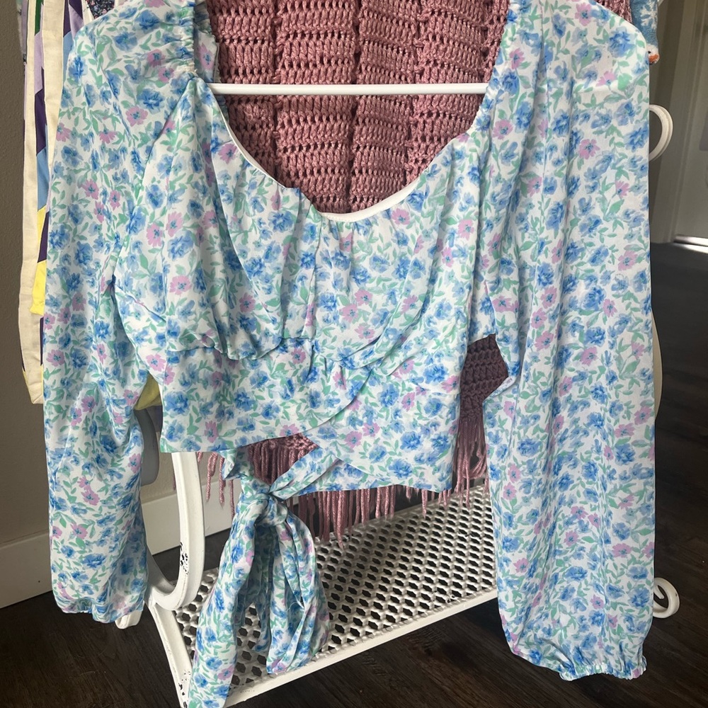 Japna Blue Long Sleeve Crop Blouse with Tie